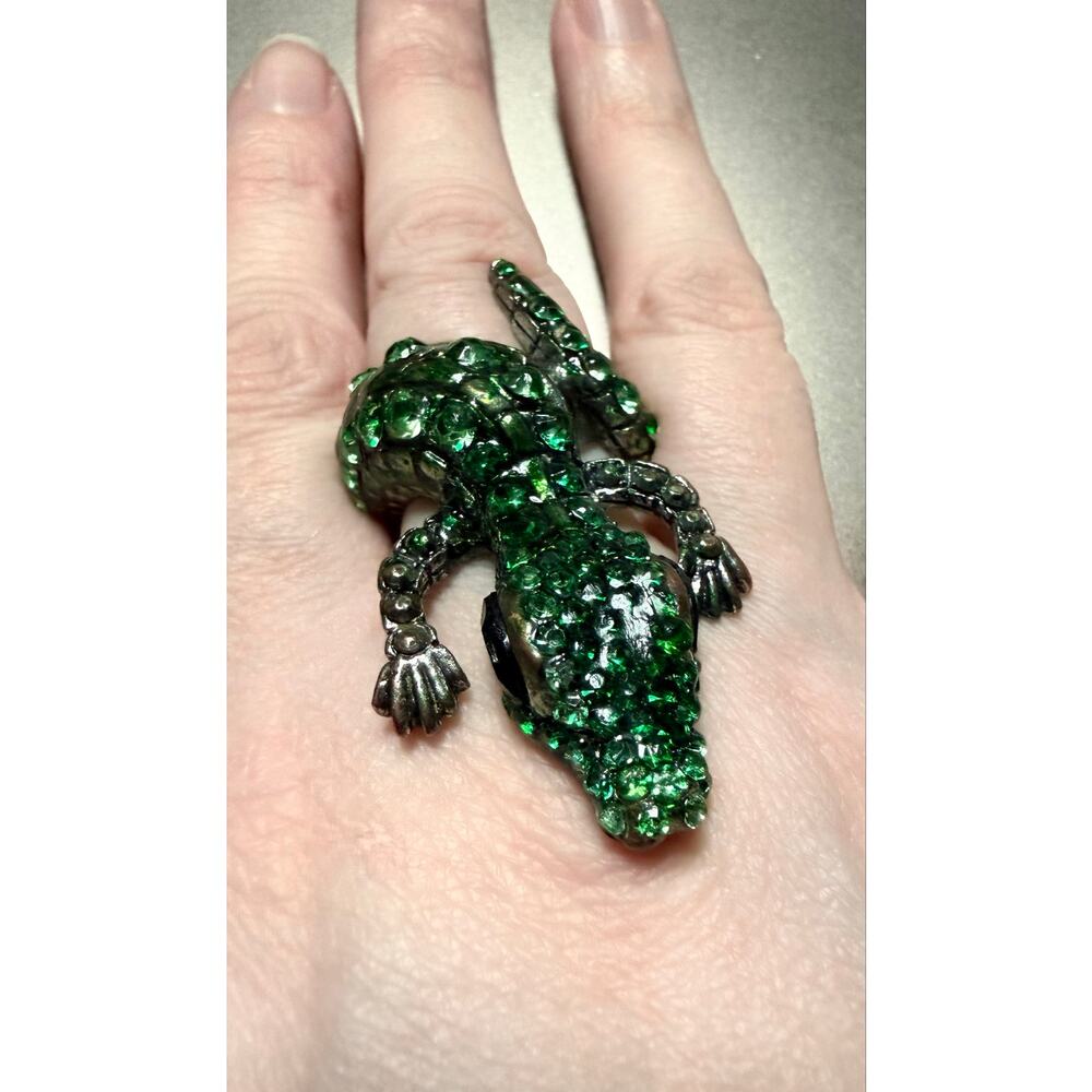 Vintage Y2K Green Rhinestone Alligator Stretch Ring Size 6.5+ Adjustable